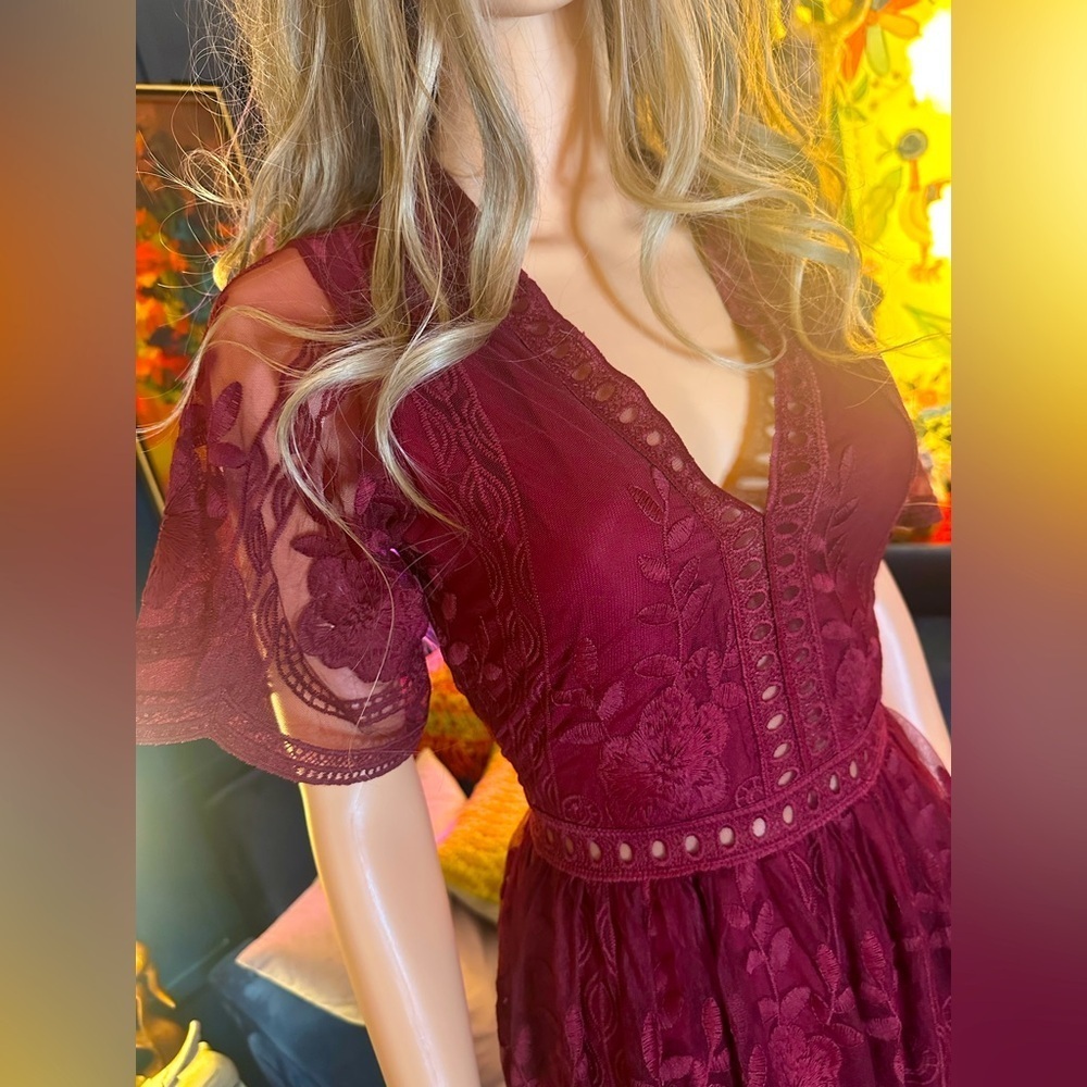 Maroon Boho Lace Sheer Dress Sz S - NEW - Picture 2 of 8